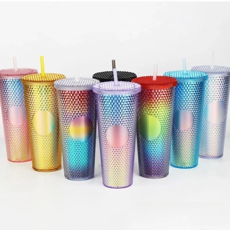 710ml Plastic Straw Cup Drinking Cup Double-Walled Rhinestone Rivet Cup Large Capacity Travel Mug for Home Outdoor Water Bottles