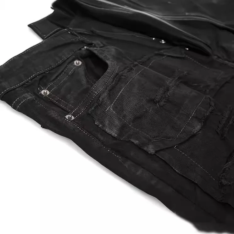 Dark Style RO High Street Denim Pants Men's Coating Brush Wax One Knife Cutting Erosion High Street Casual Ripped Jeans Pant