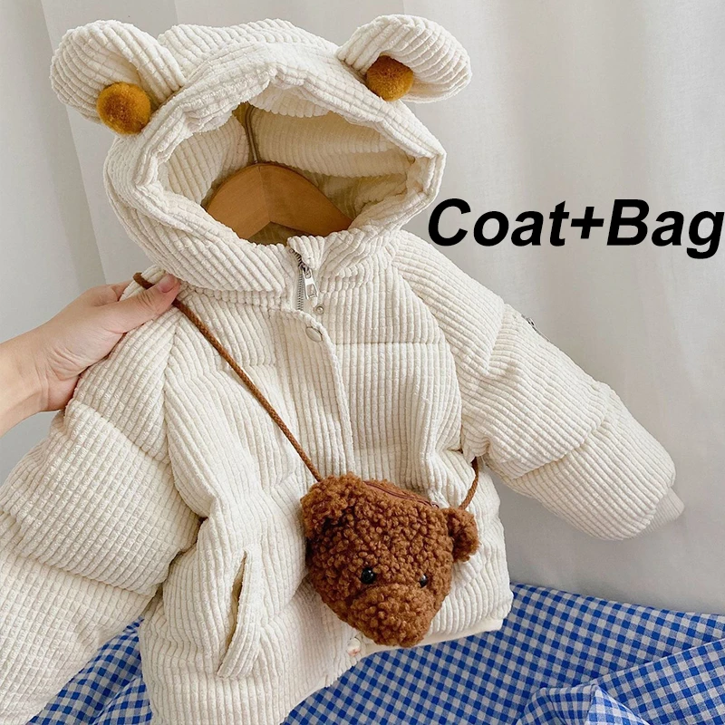 Cute Bear Plush Baby Boys Jacket Autumn Winter Thicken Warm Corduroy Coat For Girls Hooded Ouertwear With Bags Children Clothing