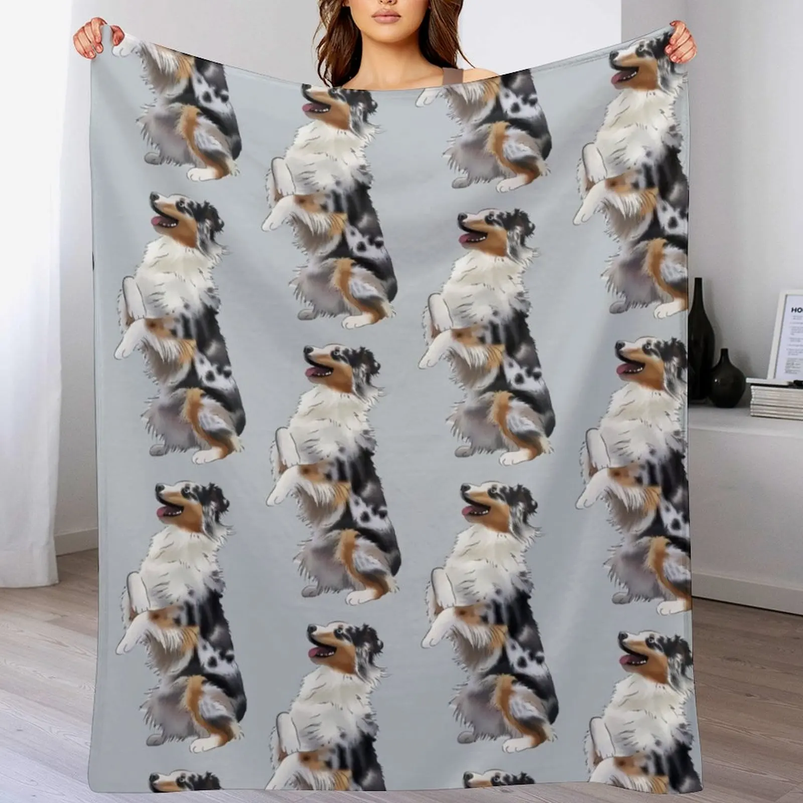 Cute Australian Shepherd Blue Merle | Begging Dog | Aussie Drawing Throw Blanket Plaid on the sofa anime Blankets