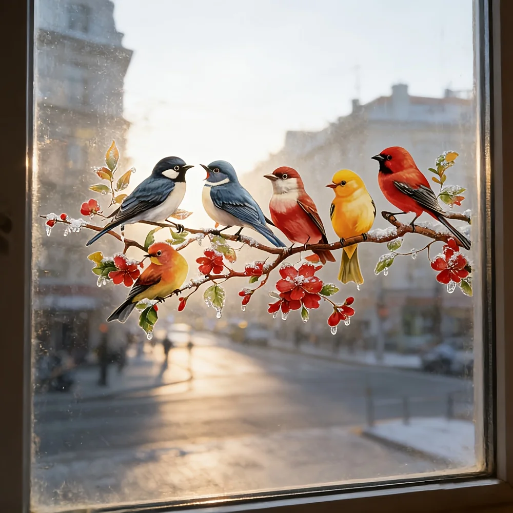 1 Set of 6 Birds Perching on a Waxflower Branch with Red Flowers, Creative New Stickers, Suitable for Bedroom, Living Room, Book Decoration, and Library Background Wall Decoration
