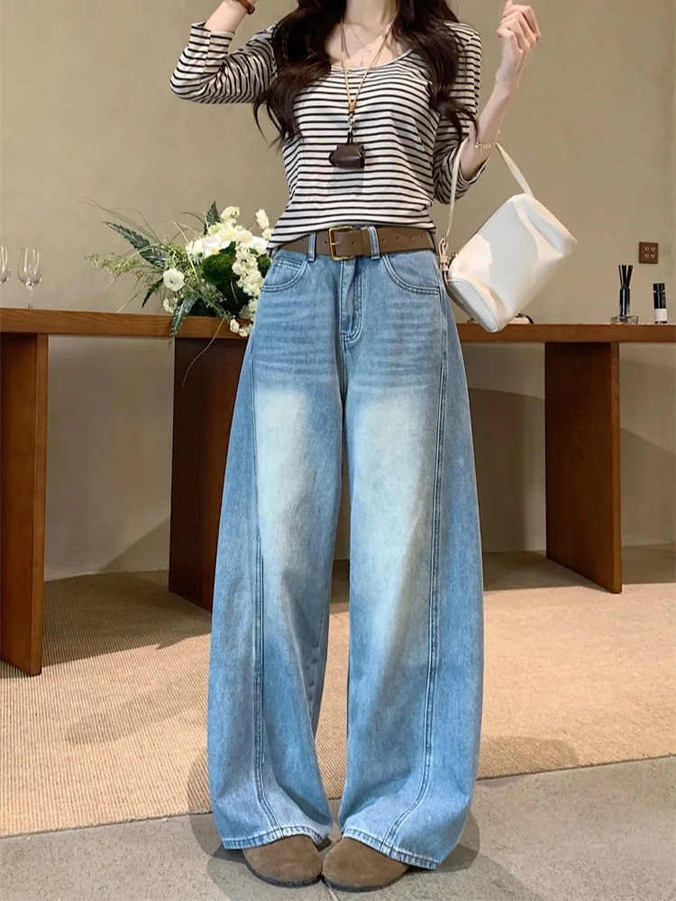 

Kumikumi Vintage Blue Faded Denim Wide Leg Pants Women's High Waist Straight Cut Spring Season Casual Trousers