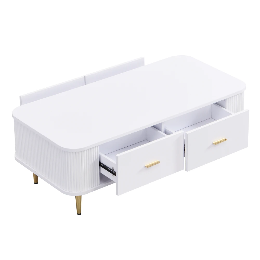 Gebogener Eck-Wohnzimmertisch, goldene Hardware, gewellte Seiten, Doppelfunktions-Couchtisch und Beistelltisch mit Schubladen – Detail 11