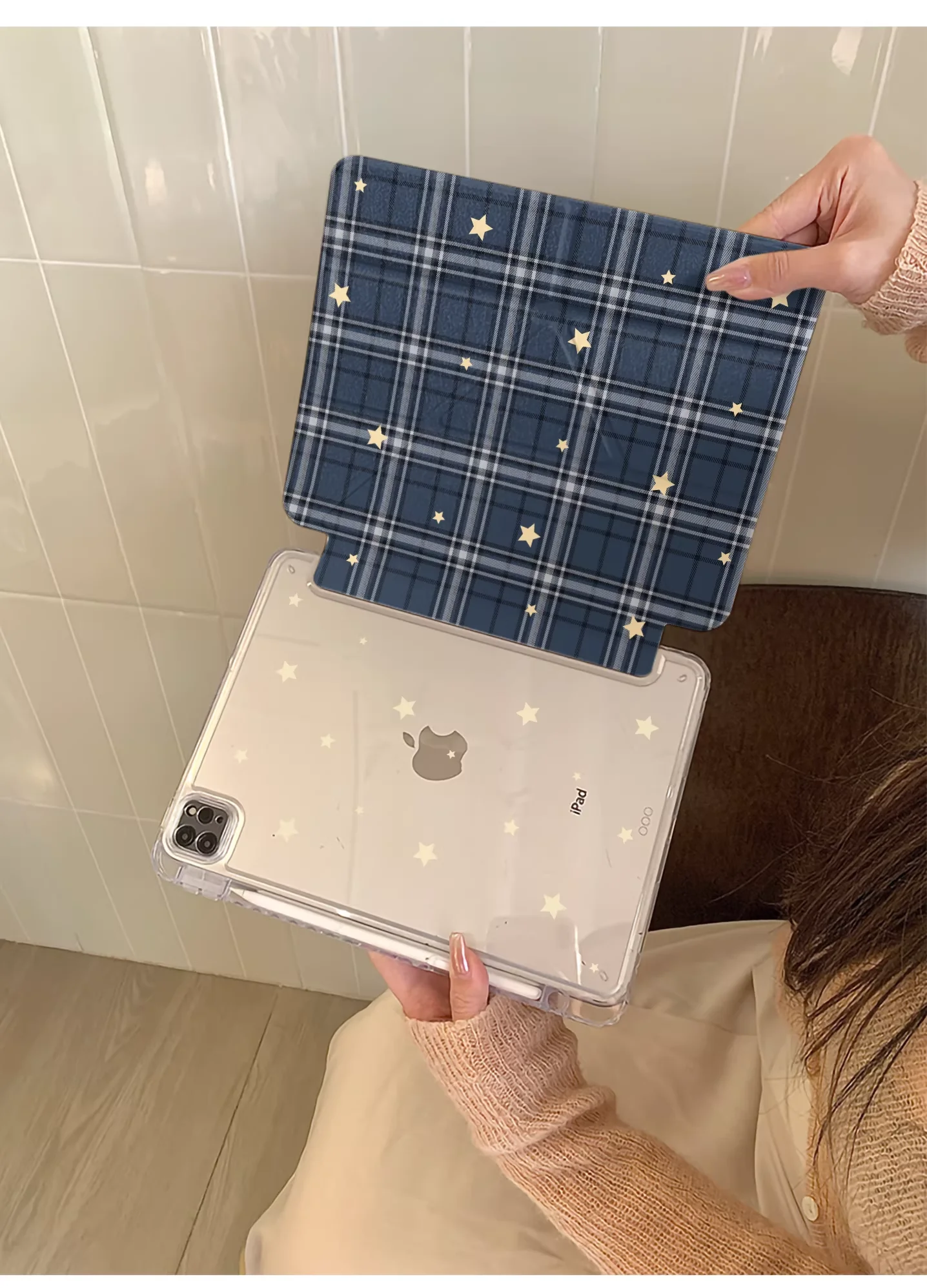Cute Dark Blue Grid Star With Pen Slot For iPhone iPad Mini 4 5 6 7 8 9 10 Air 1 2 3 4 5 6 7 M2 M3 A16 Pro M4 M5 Cover Ins
