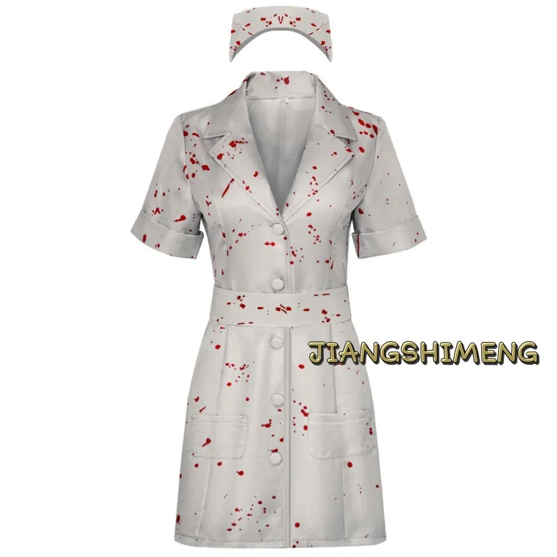 영화 사일런트 힐 코스프레 간호사 흰색 Bloodstained 벨트와 모자 유니폼 할로윈 의상 여자를위한 멋진 할로윈 드레스
