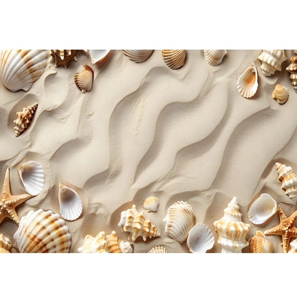 Fondo de playa de verano, playa de arena, concha, Concha, estrella de mar, fiesta de cumpleaños, retrato de vacaciones para bebés y niños, fondo de fotografía