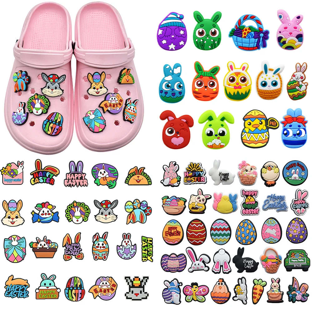 13-100Pcs Cartoon Easter egg Series PVC Shoes Accessories Fit with Hole wristbands DIY Detachable Waterproof  Party Gifts