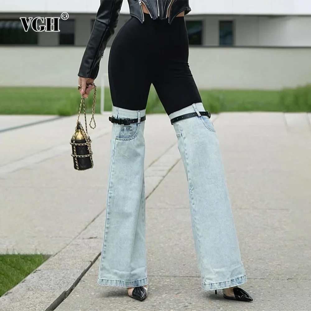 

VGH Hit Color Patchwork Belt Denim Trousers For Women High Waist Minimalist Spliced Zipper Streetwear Wide Leg Pants Female New