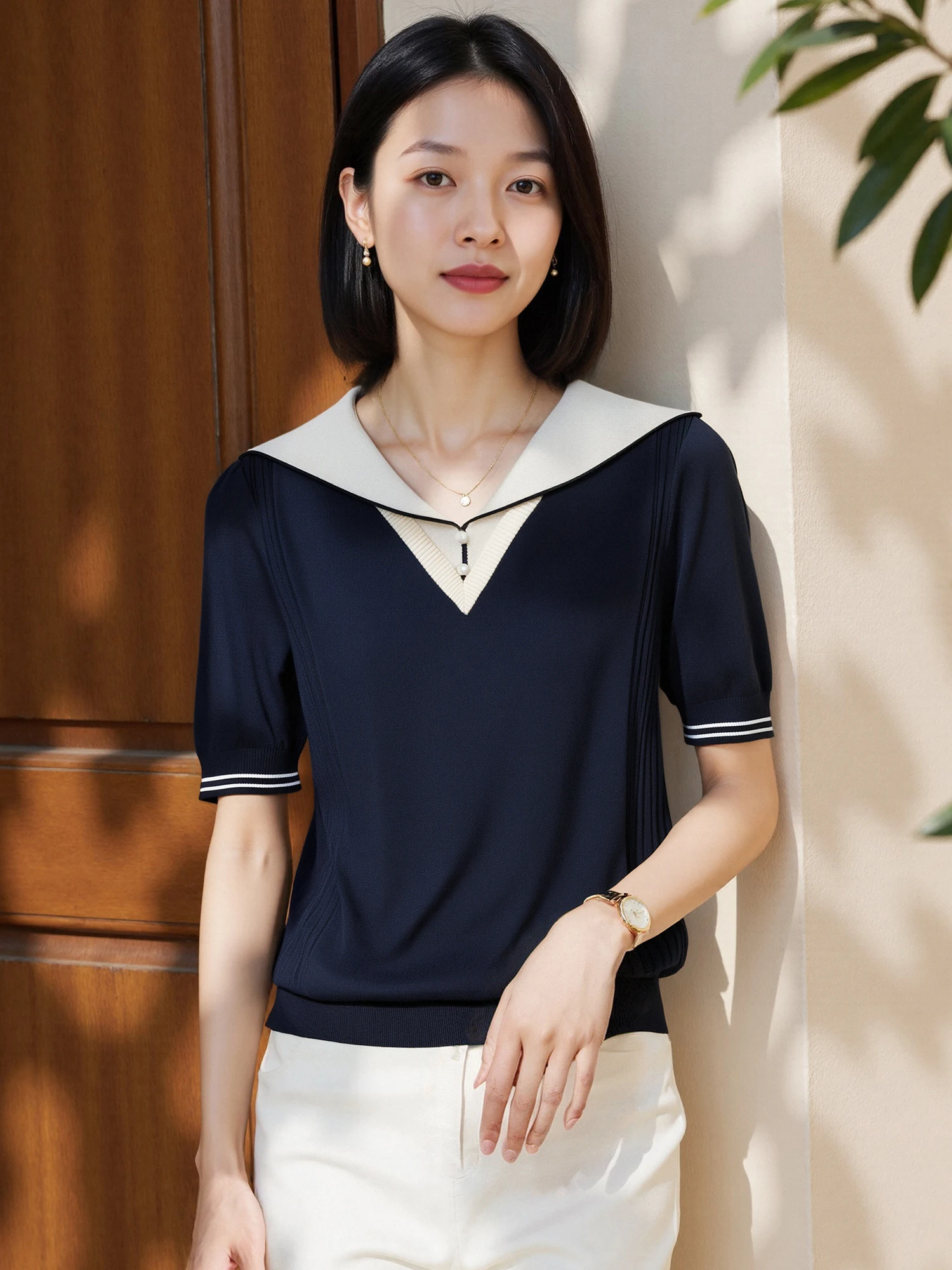 

Chivirin Casual Knitted irt Summer New Sle ort Sve Color Blo Collar T-irt Korean Sle Straight Cut Breathable M...