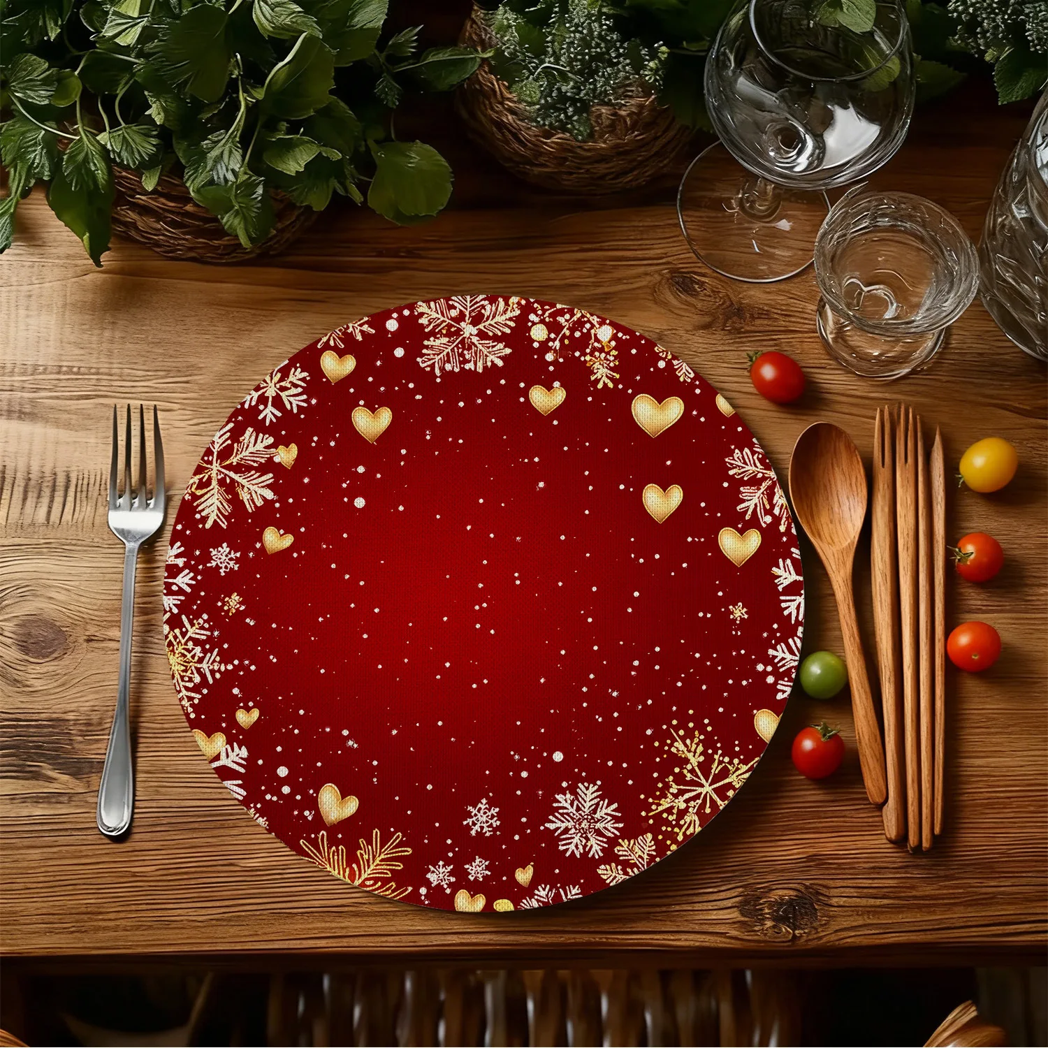 VIKAMA christmas red heart snowflake round placemat 15 inch 38cm dining table mat non slip waterproof heat resistant