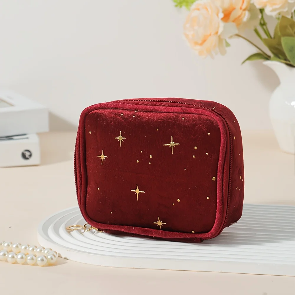 Sparkling Star Samt-Make-up-Tasche, großes Fassungsvermögen, Mehrzwecktasche mit goldenem Reißverschluss für Make-up-Münzen, 4 Farben – Detail 10