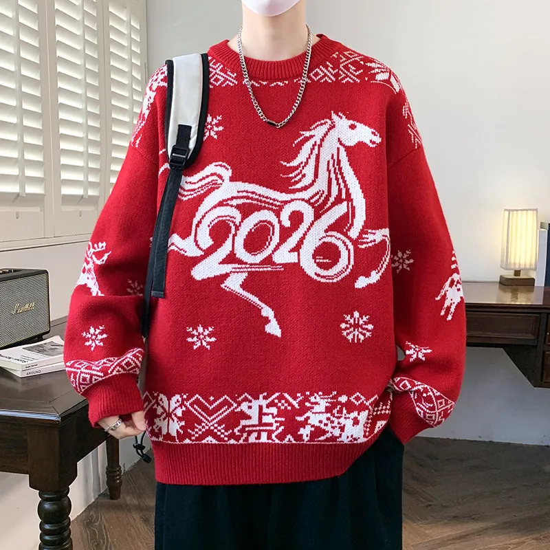 

Новинка 2025, мужской вязаный свитер, зимняя одежда для пары, год, красный трикотаж, повседневный свитер Long Sve round Ne для молодежи