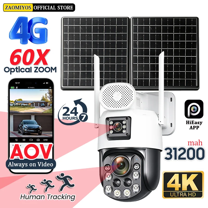 AOV 24/7 Record 4K Dual Lens Solar Camera 31200mAh Home Surveillance 4G/eSIM 60X Optical Zoom Auto Human Tracking Security Cam