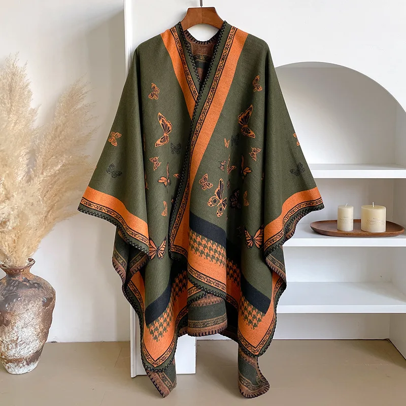 Autumn and Winter New Ethnic Warm Imitation Cashmere Scarf Women Double-sided Butterfly Thickened Scarves Shawl Cape Outside