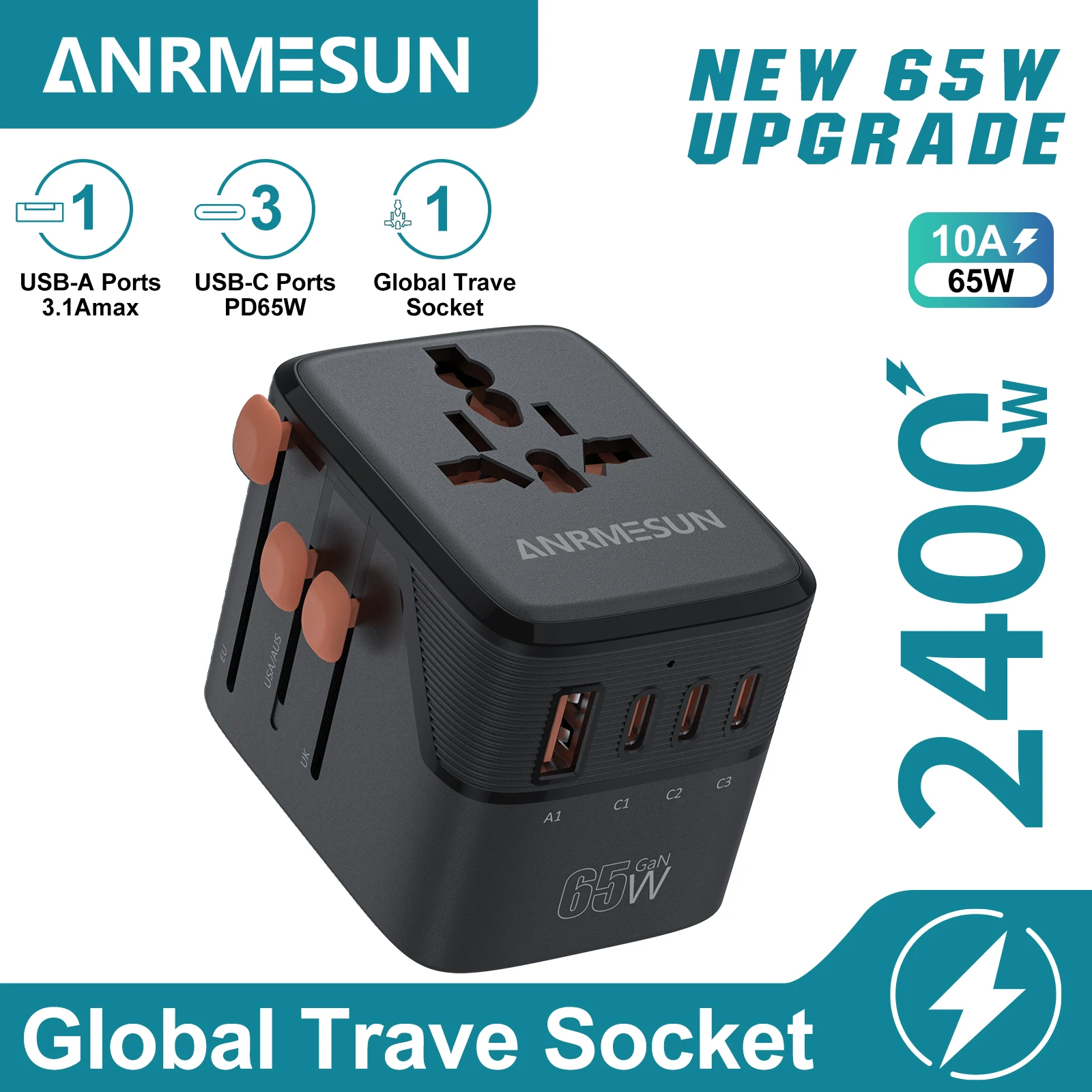 65 W/45 W/25 W GaN universele reisadapter met 2 USB 2 Type C snel opladen alles-in-één reislader EU/UK/VS/AUS voor reizen