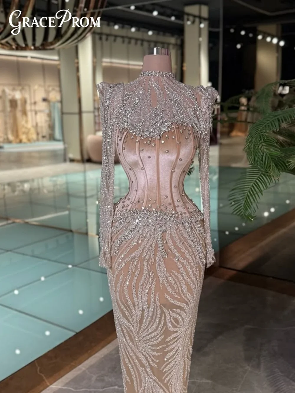 

Dramatic High Neck Prom Dress Alluring Beaded Evening Gown Sheer Sleeves Sparkling Formal Party Dress 2026 New Vestidos De Noche