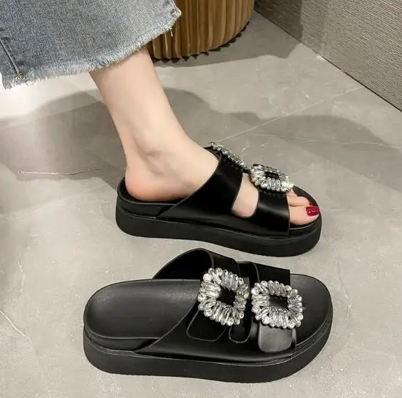 Flat Shoes Platform Women\'s Fashion Summer Sandals 2024 New Casual Wear Beach Square Buckle Rhinodrill Women\'s Flip Flops