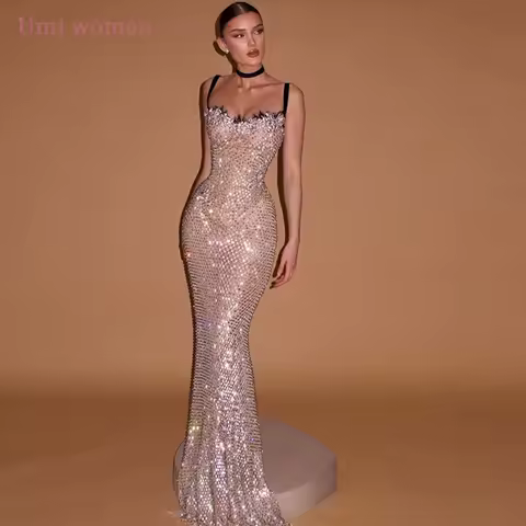 Umi Customized Shinning Sparkle Women Prom Gown Sleeveless Mermaid Floor Length Boutique Evening Dress