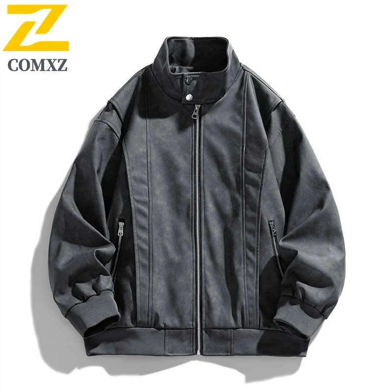 COMXZ Autumn Mens Leather Jacket Premium Camping Scratch Resistant Leather Coats Vintage Streetwear Motorcycle Leather Jackets