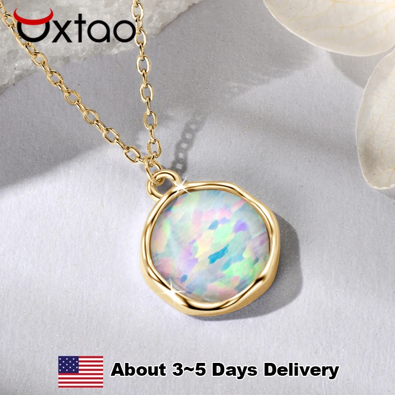 

Ожерелье OXTAO с подвеской из белого опала, круглый камень, серебро 925 пробы, винтажная цепочка золотого/серебряного цвета, свадебное женское украшение