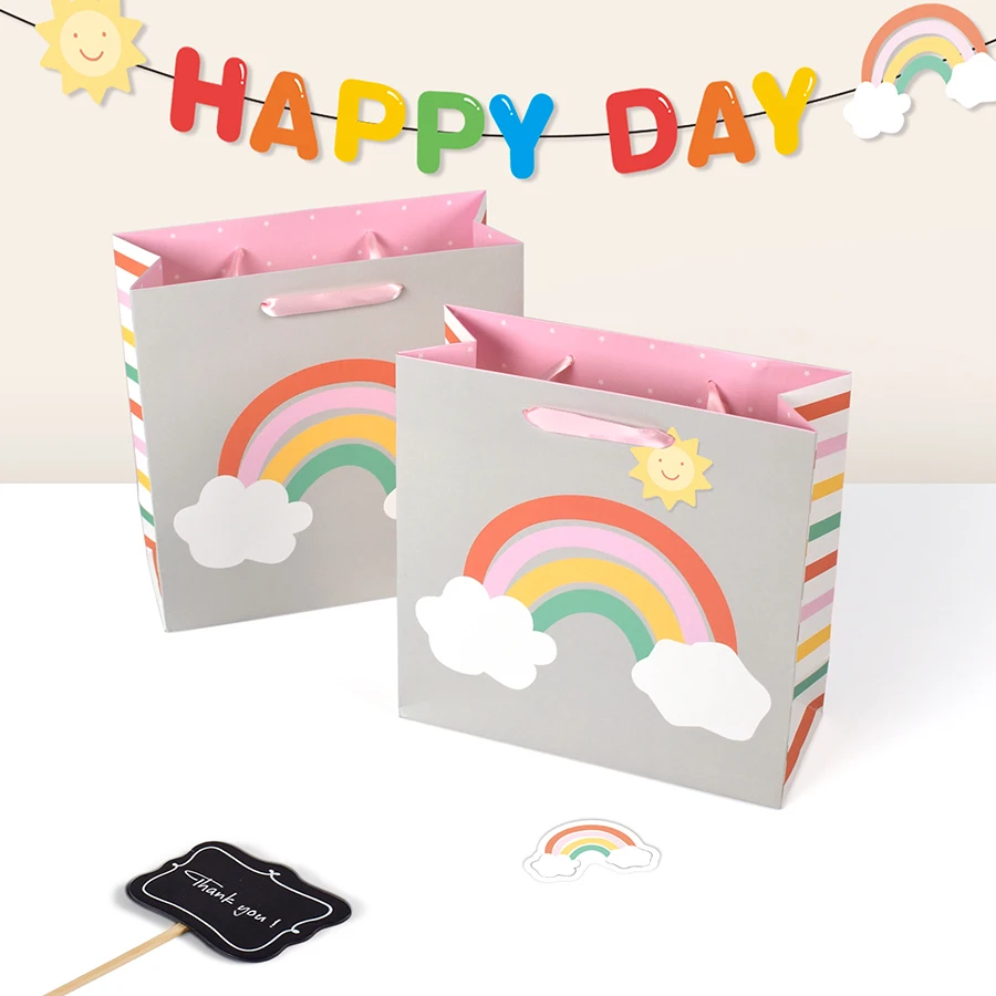 Cute cartoon clouds rainbow thickened white card gift tote bag spot, color printed square paper tote bag