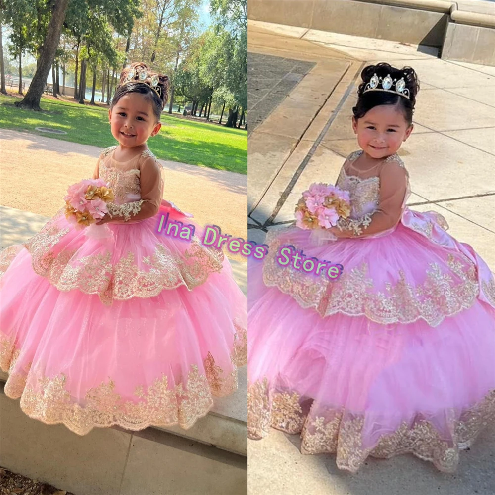 Customized Multiple Colours Flower Girl Dress Lovely Pink Tulle Fluffy Wedding Printing Girls Birthday Party Evening Dresses