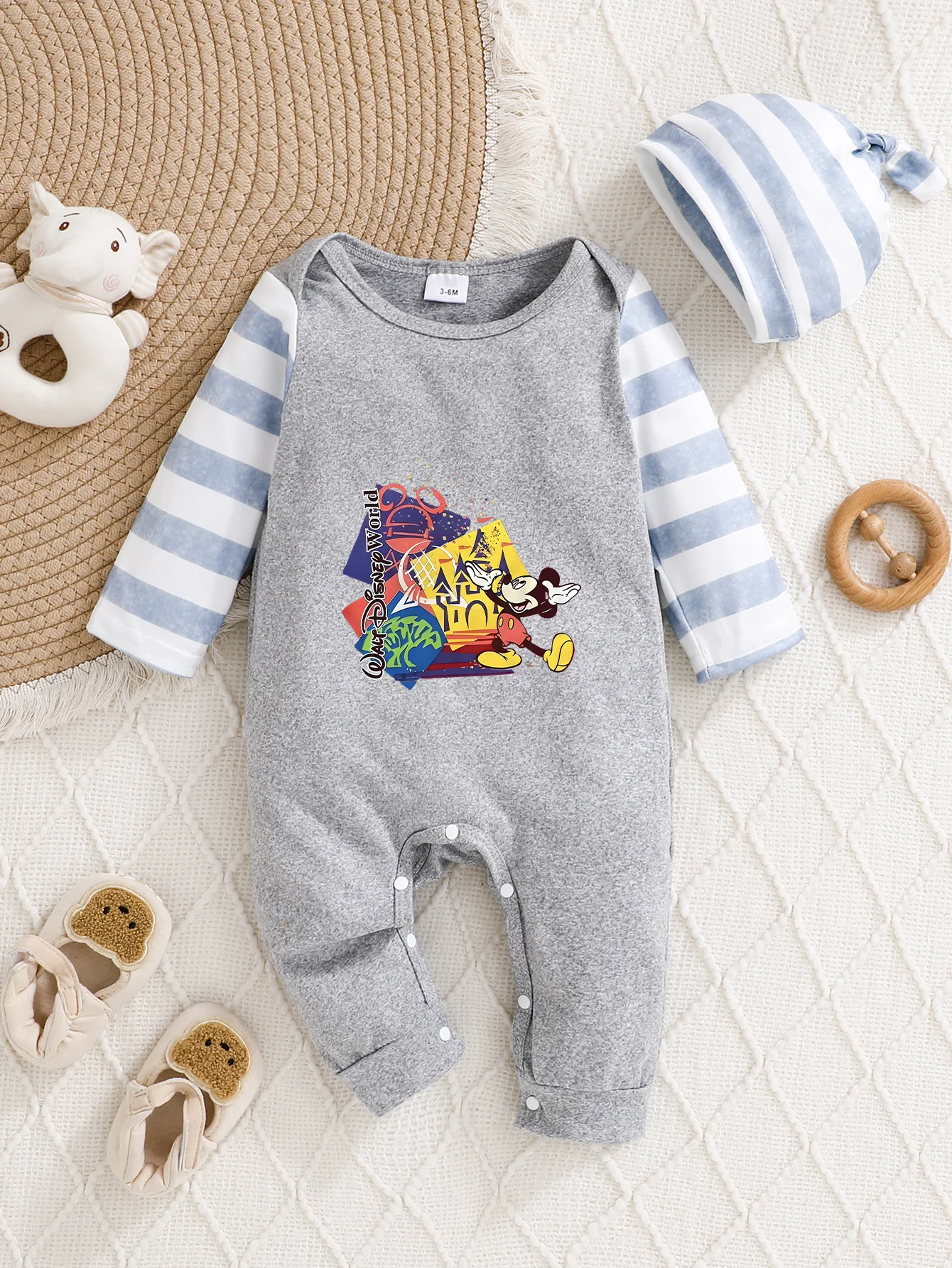 

【Officially Authorized】 Disney Baby Hooded Jumpsuit: Mickey Disney World Print, Soft Comfortable Fabric