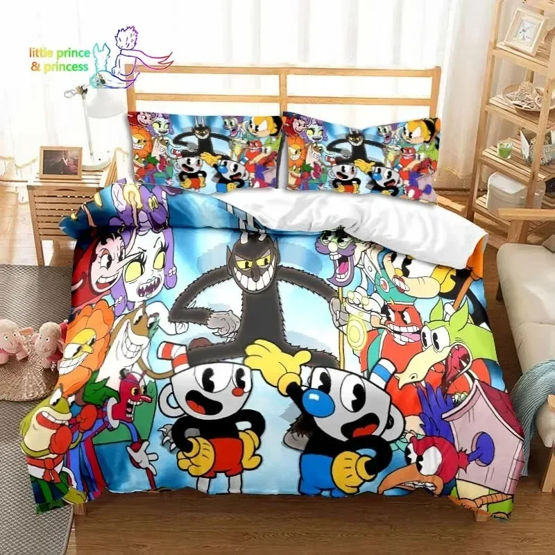 Cuphead and Mugman Game Gamer Bedding Set Single Twin Full Queen King Size Bed Set Adult Kid Bedroom Bedding Gift