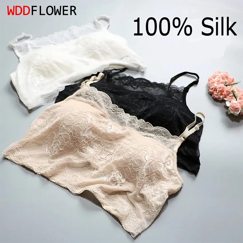 1PC 100% jedwab kobiety koronki biustonosz bez fiszbin biustonosz wymienne wkładki biustonosz Bandeau Mini Cami pół Cami SS420