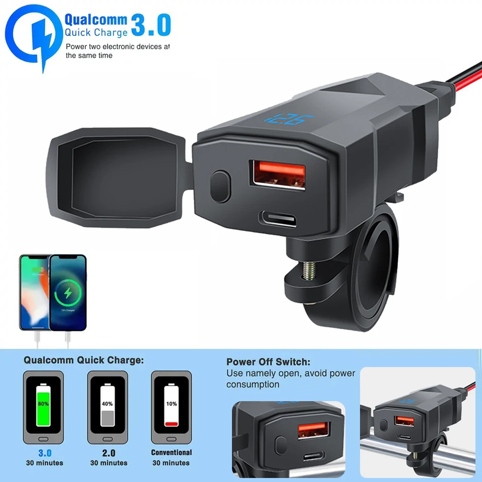 

Motorcycle Handlebar PD QC3.0 USB Fast Charger Waterproof Phone Usb Port Mobile Phone Charging with Switch Moto Accessories