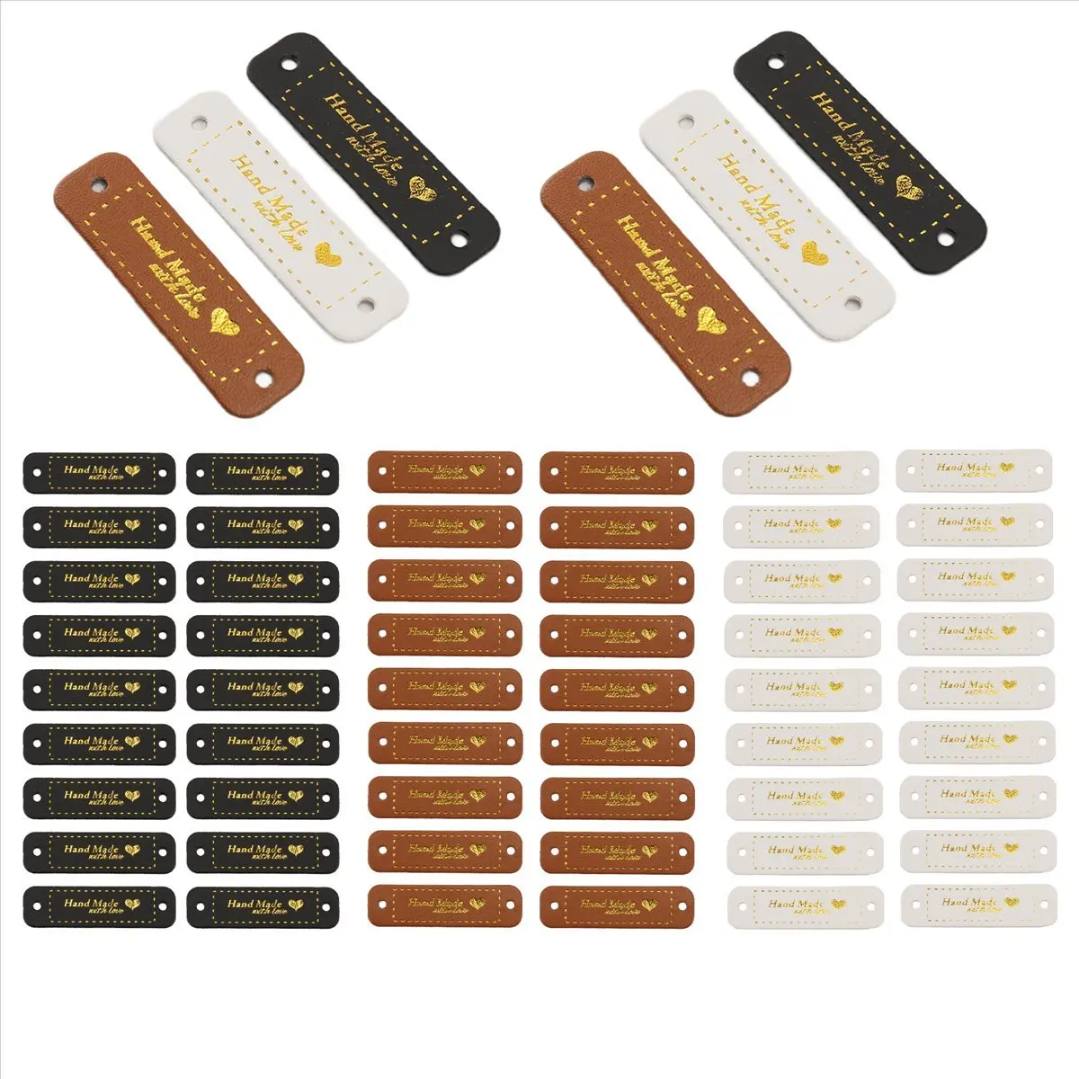 FTGT-60Pcs Handmade PU Leather Tags Faux Leather Sew on Labels Embellishment Knit Accessories with Holes for DIY Crafts