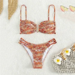 Zestaw Bikini z kwiatowym nadrukiem marszczone stroje kąpielowe damskie marszczone Bandeau strój kąpielowy Mujer seksowny kostium kąpielowy Biquinis plażowe pływanie