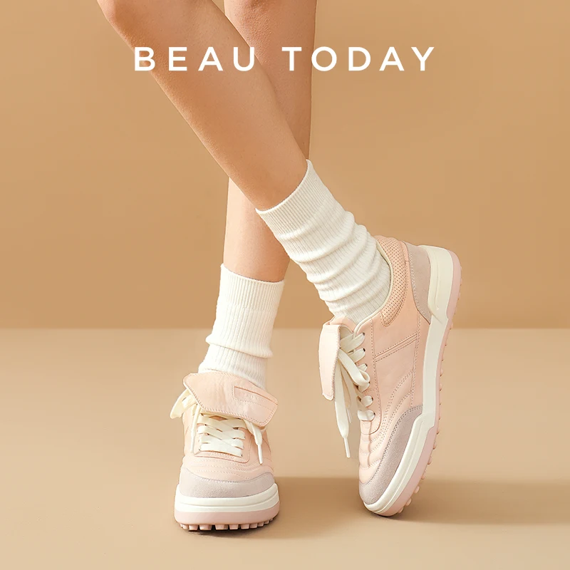 BEAUTODAY Casual Skate Sneakers Women Cow Leather Round Toe Sports Trainers Lace-up Platform Ladies Shoes Handmade 29904