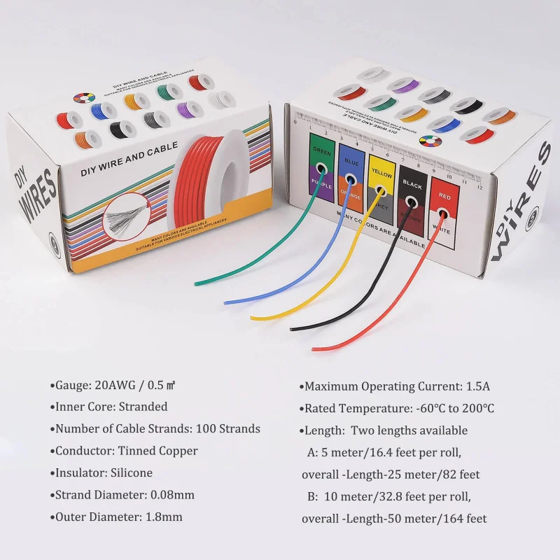 20 AWG Flexible Silicone Electrical Wire 10 Color 20 Gauge Stranded Tinned Copper Hook Up Wires Kit Wiring Insulated Cable