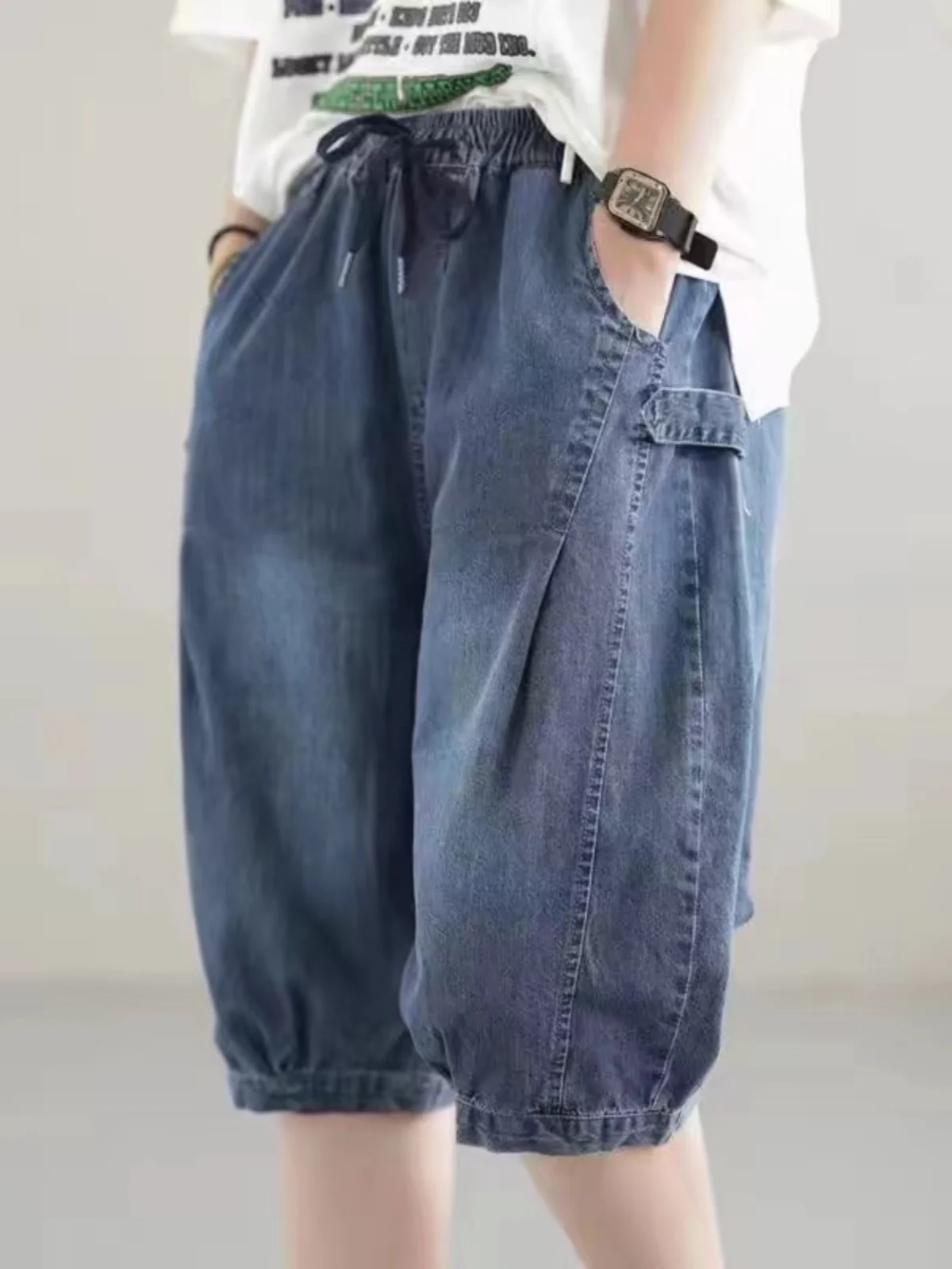 

Летние тонкие джинсы-шаровары с пятью семенами, женские свободные летние новые джинсы больших размеров с шестью семенами прямых штанинами, синие джинсовые джинсы