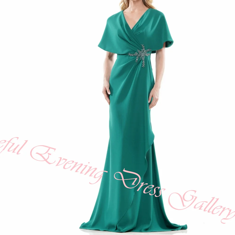 Customized Elegant Crystal Pleat V-Neck Floor Length Vestidos De Fiesta Straight Satin Short Sleeves Sweep Train платье вечернее