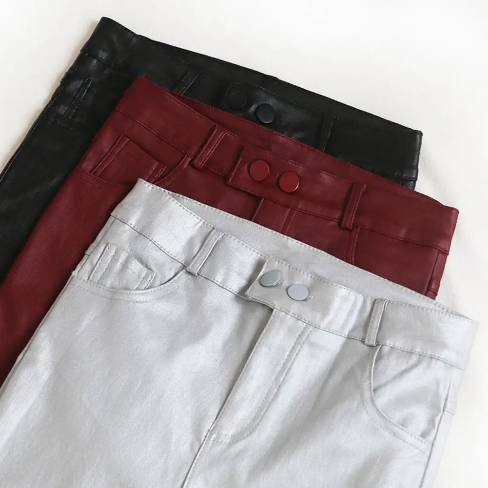 

Ladies Fleece Lining Winter Pants Women Artificial Leather Leggings High Waist Button Closure Matte Elastic Pencil Pants Pockets