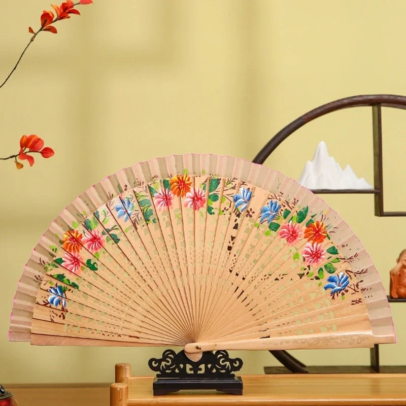 Women Vintage Spanish Folding Fan Double-Side Flower Painting Gypsy Hand Fan for Dance Festival Decoration