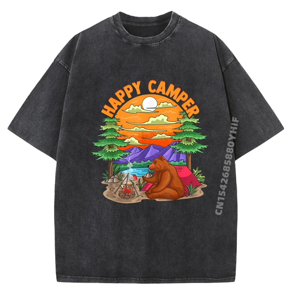 

Retro Washed T Shirts Happy Camper Funny Bear Camping Mens Graphic T-shirt Man Slogan Printed Discount Tops