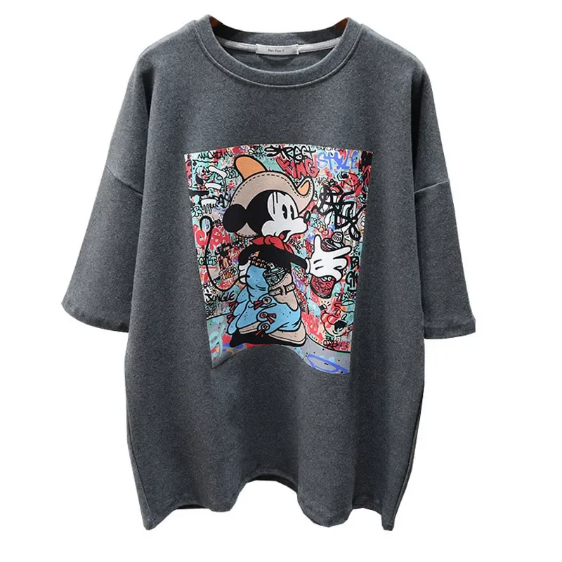 2023 New Mickey Mouse Short-sleeved T-shirt Women Korean Version Thickened Mid-length Streetwear Mickey Mouse Y2k Clothes Tops