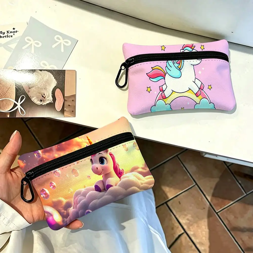 Cute Cartoon Unicorn Waterproof Oxford Cloth Zipper Wallet Portable Hanging Small Coin Purse For Travel