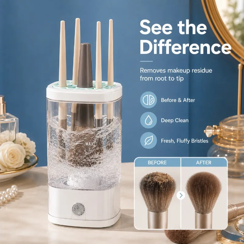 Imagen 3: Máquina Limpiadora de Brochas de Maquillaje USB, Lavadora Automática de Brochas con Secado Rápido, Esterilización UV y Soporte de Almacenamiento