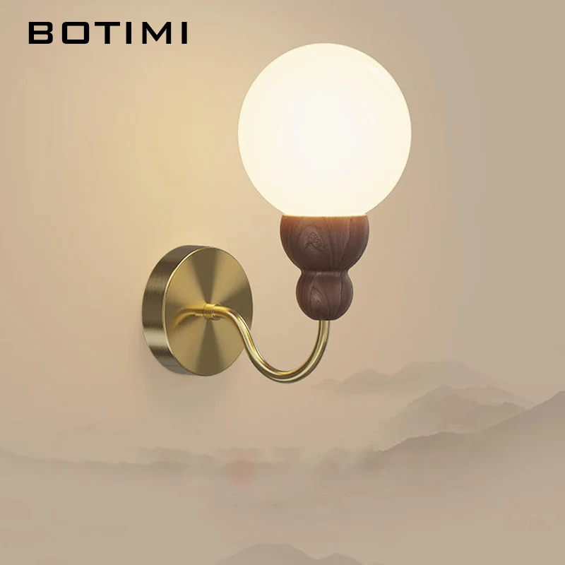 BOTIMI Glass Bedside Wall Lamp Modern Wooden Bedroom Luminaires Nordic Hotel Metal in copper color arm Wall Sconce