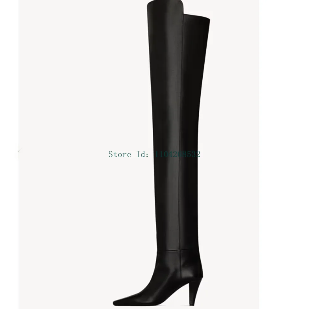 Black Matte Leather Over The Knee Boots Sesy Pointed Toe Sewing Stiletto Solid Slip On New Arrivals Fashion Women Modern Boots