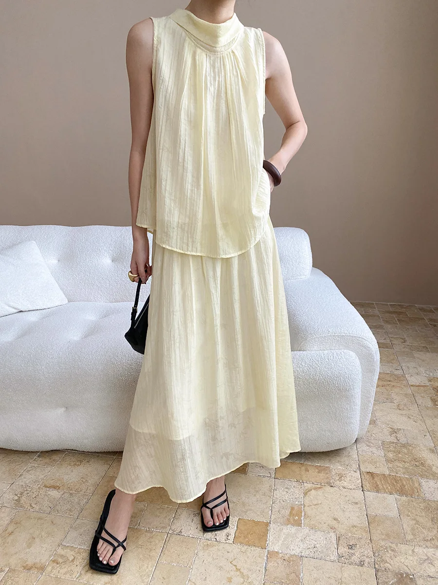 

2025 Autumn And Winter Yellow Women's Suit Casual Solid Color High Neck Loose Vest+high Waist Skirt 2 Piece Set