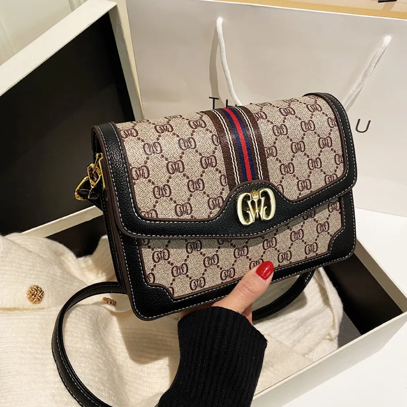 

Classic style high-end fashionable retro print classic trendy small crossbody shoulder bag black / brown / khaki