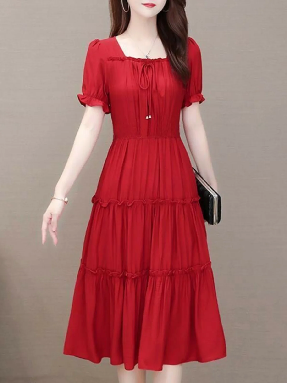 robe-midi-rouge-pour-femme-ete-2024-elegance-tendance-manches-courtes-col-carre-taille-cintree-poche-carree-couleur-unie