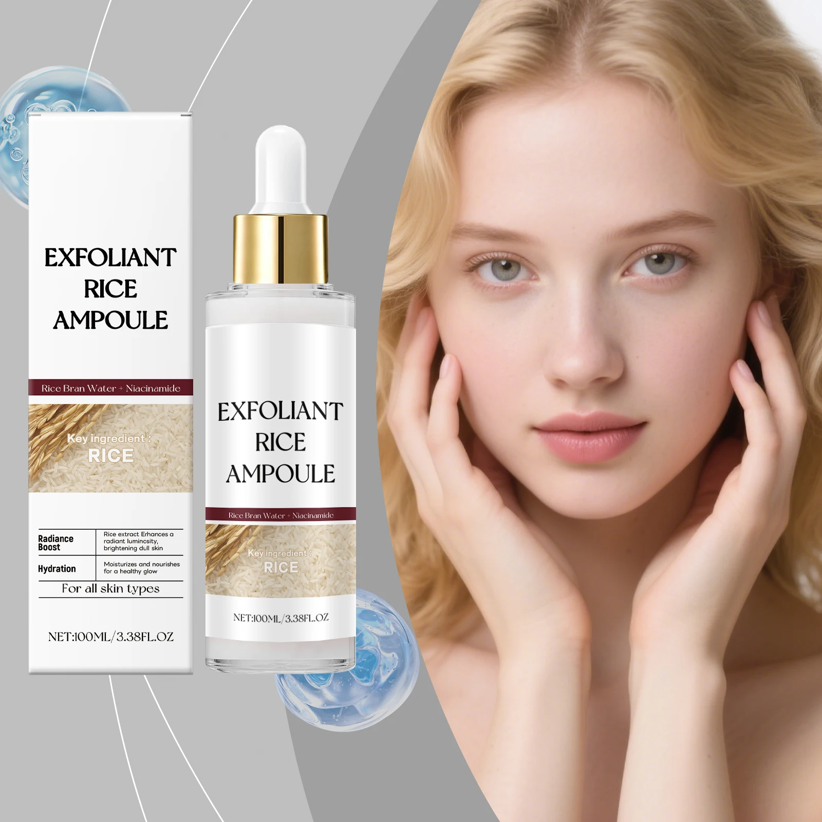 Essence exfoliante à l'extrait de riz et à l'acide malique, exfoliant doux pour le visage, hydratant pour un teint plus lisse