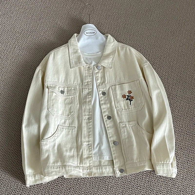 

Retro Flower Embroidery Women Denim Coat Streetwear Loose Lapel Single Breasted Jackets Ladies Temperament Versatile Pockets Top