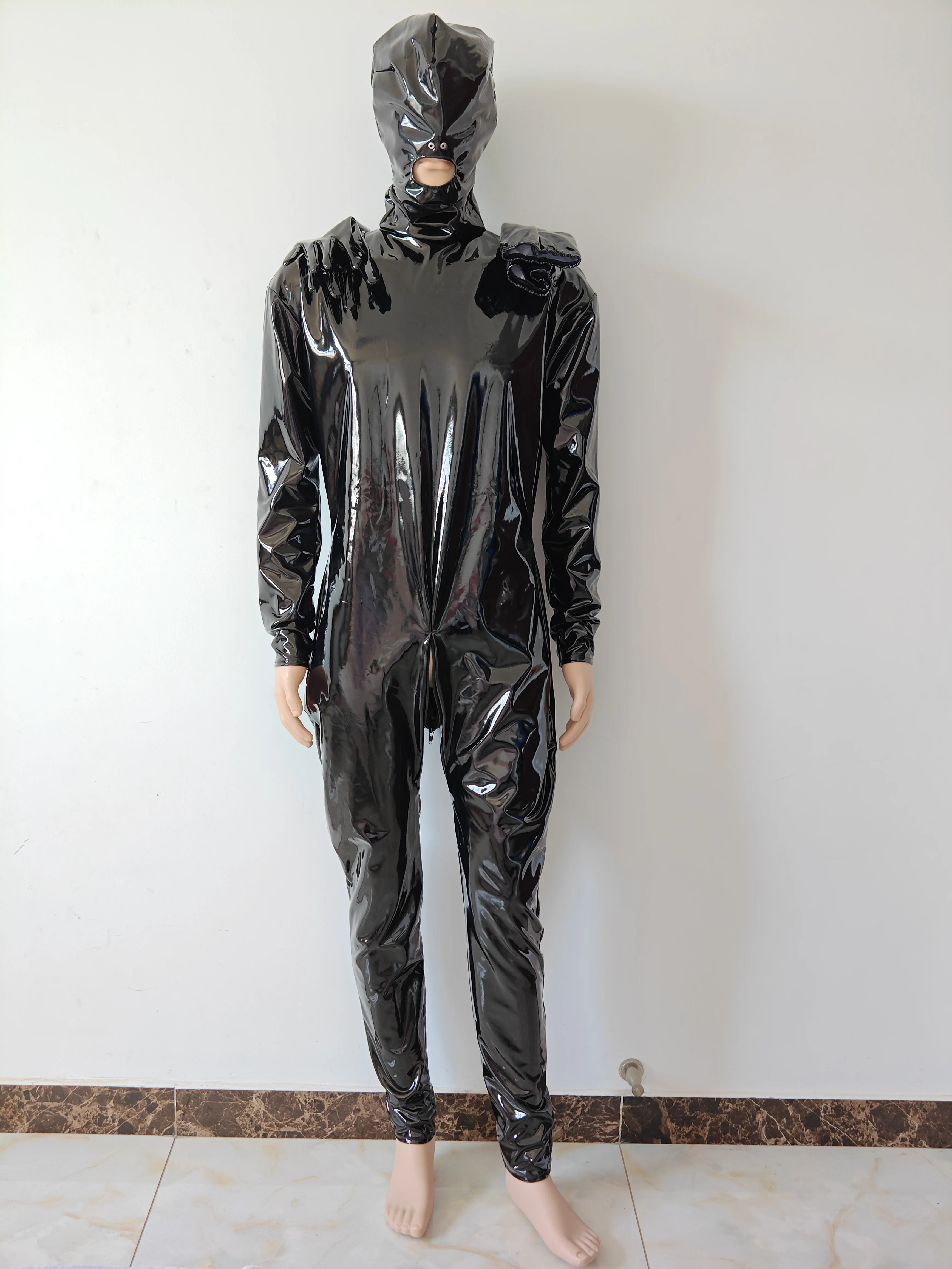 Macacão de couro sintético preto PVC, trajes Cosplay, Clubwear Catsuit, Bodysuit de festa, zíper 3-Way, luvas removíveis, meias